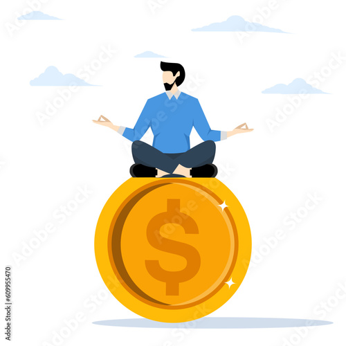 Finance guru or expert, money and investment adviser concept, behavioral finance concern for wealth management, smart businessman meditating and floating on big gold dollar coin.
