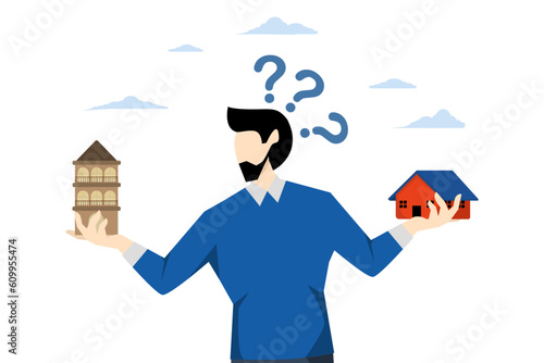 Real estate investment concept. Find investment opportunities or create the highest profit from the real estate business. Choose to invest in a house or condo. flat vector illustration.