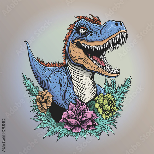 Prehistoric Animal Dinosaur Rex with Flowers Illustration (ID: 609955480)