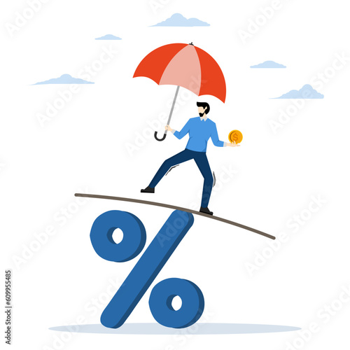 economic recovery, balance between profit and loss, central bank money policy for inflation or interest rate, financial challenge or risk, businessman leader balancing himself on percentage sign.