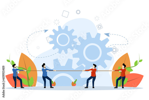 the concept of competition in the business world, competition in business, conflict between companies, people who do tug of war, work mechanisms. compete with each other to be the best.
