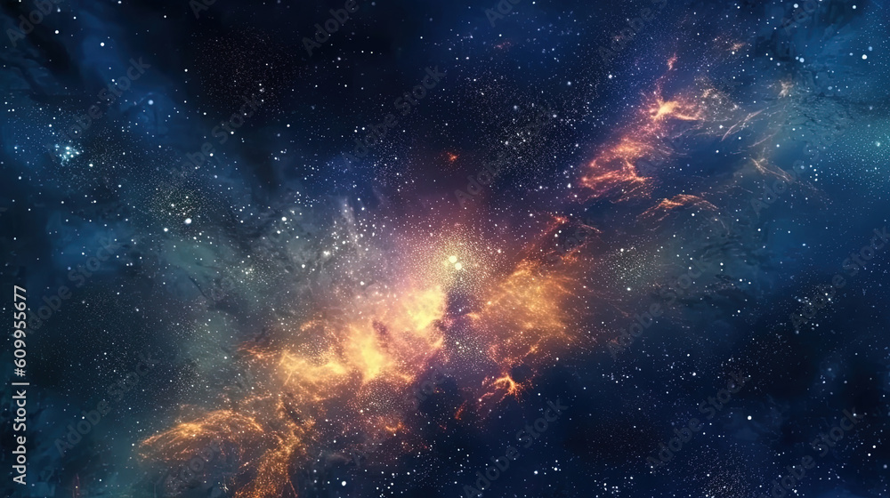 Fototapeta premium Deep space cosmos blowing away and turning into pointillism dust points with nebula on the background