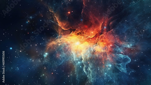 Deep space cosmos blowing away and turning into pointillism dust points with nebula on the background