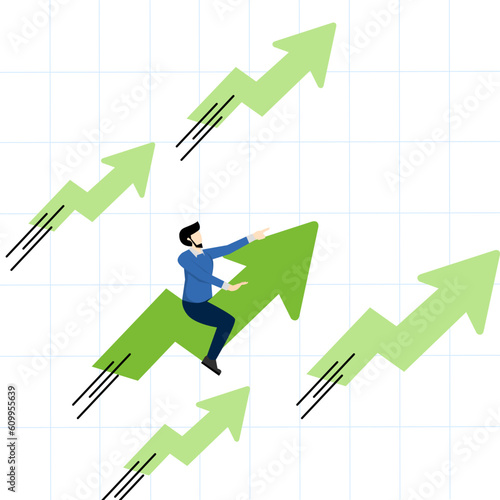 positive growing business or ambition to win investors concept, stock market price skyrocketing in bull market, confident businessman riding green chart with fast speed going up.