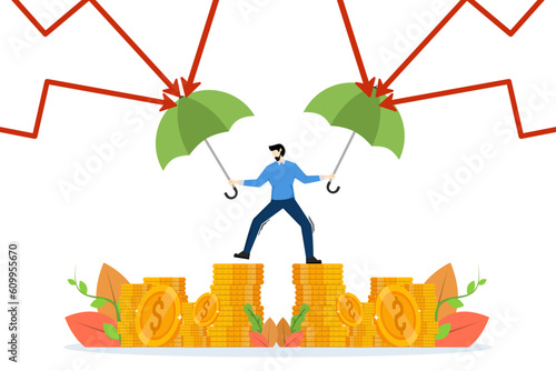 Protect financial stability. Increase asset security. Savings, deposits, or pension funds. businessman holding strong umbrella to protect money coins from falling graphic arrows.