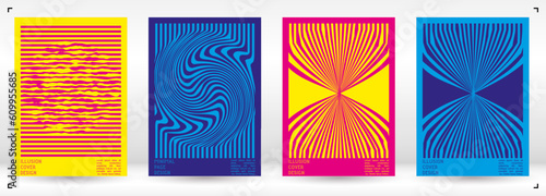 Geometrical Poster Design with Optical Illusion Effect.  Modern Psychedelic Cover Page Collection. Colourful Wave Lines Background. Fluid Stripes Art. Swiss Design. Vector Illustration for Brochure.