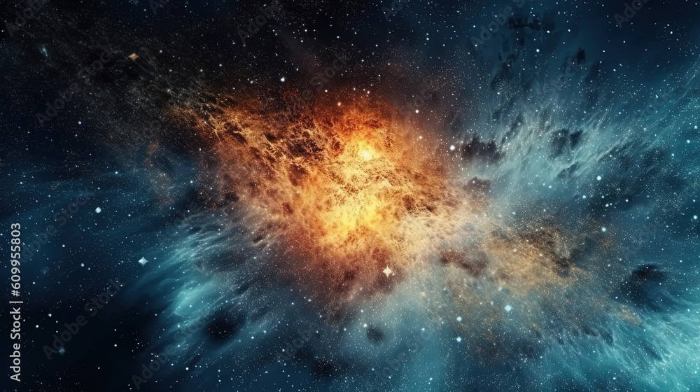 Fototapeta premium Deep space cosmos blowing away and turning into pointillism dust points with nebula on the background