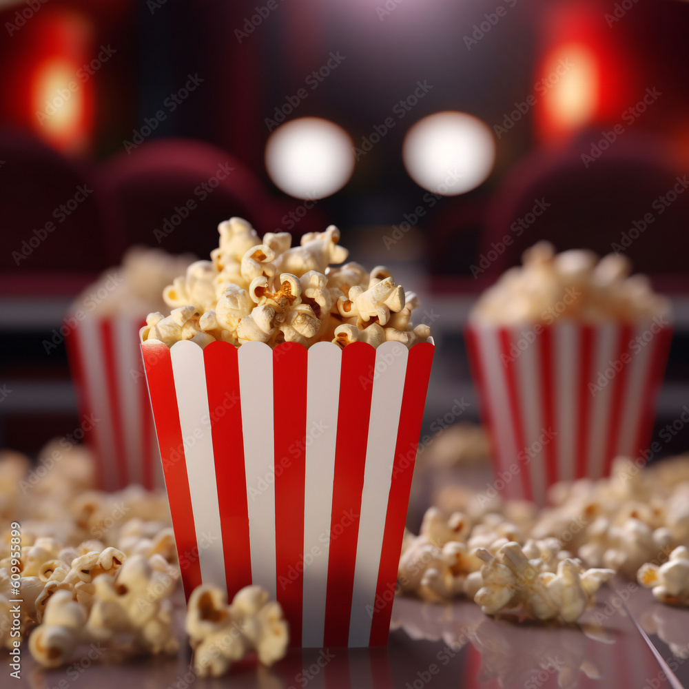 Popcorn for cinema, delicious tasty snack concept.