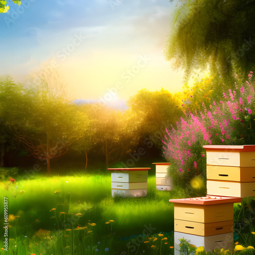 Illustration ruches dans un jardin idyllique,abeilles et pollinisation,IA générative.