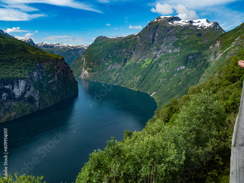 Geirangerfjord. Geiranger in summer in Norway. View on mountain and ship.