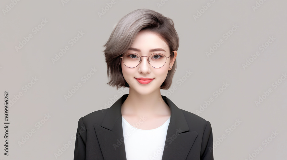 Smiling asian woman in glasses for vision correction looking at camera, happy friendly Chinese student or employee posing in office. Generative AI. Smiling asian woman in glasses for vision correction looking at camera, happy friendly Chinese student or employee posing in office. Generative AI.