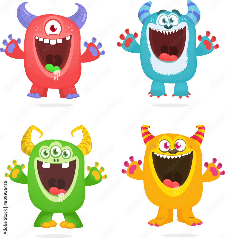 Obraz premium Funny cartoon monsters set: monster yeti troll gremlin and alien creatures. Halloween vector design isolated