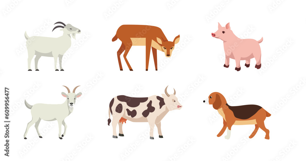 Farm animals set in flat style isolated on white background. Vector illustration. Cute cartoon animals collection: goat, deer, cow, donkey, horse, pig, dog.