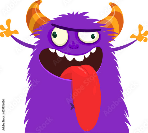 Funny cartoon monster waving hands and showing tongue. Halloween vector illustration. Great for package or party decoration