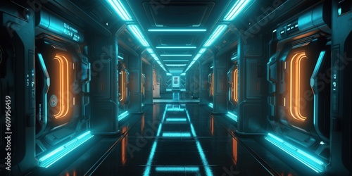 Science fiction interior scene - sci - fi corridor render scene with neon lights and smoke