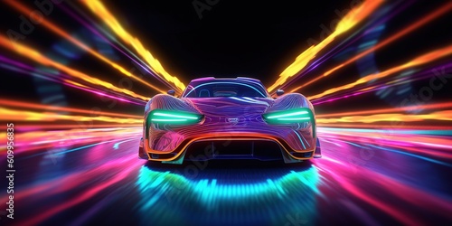 Speeding Sports Car On Neon Highway.