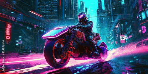 Spectacular digital art of a cyberpunk rider on a future bike or cruiser with a vivid and glowing neon light.