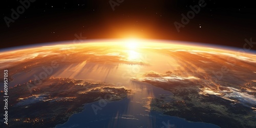 Panoramic view of the Earth, sun, star and galaxy