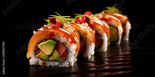 Sushi roll Philadelphia with salmon, smoked eel, avocado, cream cheese on black background.