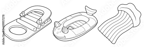 Cartoon set of cute doodle kids inflatable water mattresses.