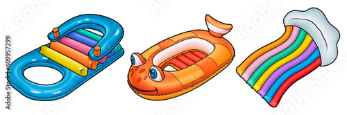 Cartoon set of cute doodle kids inflatable water mattresses.