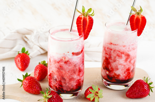 Wallpaper Mural Korean Strawberry Milk, Strawberry Milkshake with Pureed Fresh Berries, Refreshing Drink on Bright Background Torontodigital.ca