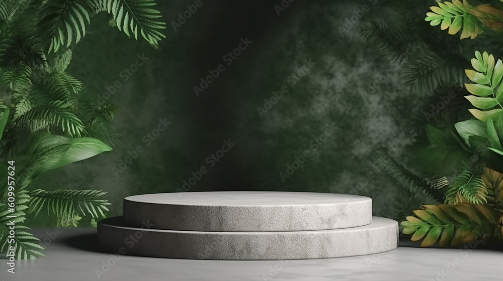 Mock up abstract background stone podium platform with plants. generative AI Mock up abstract background stone podium platform with plants. generative AI