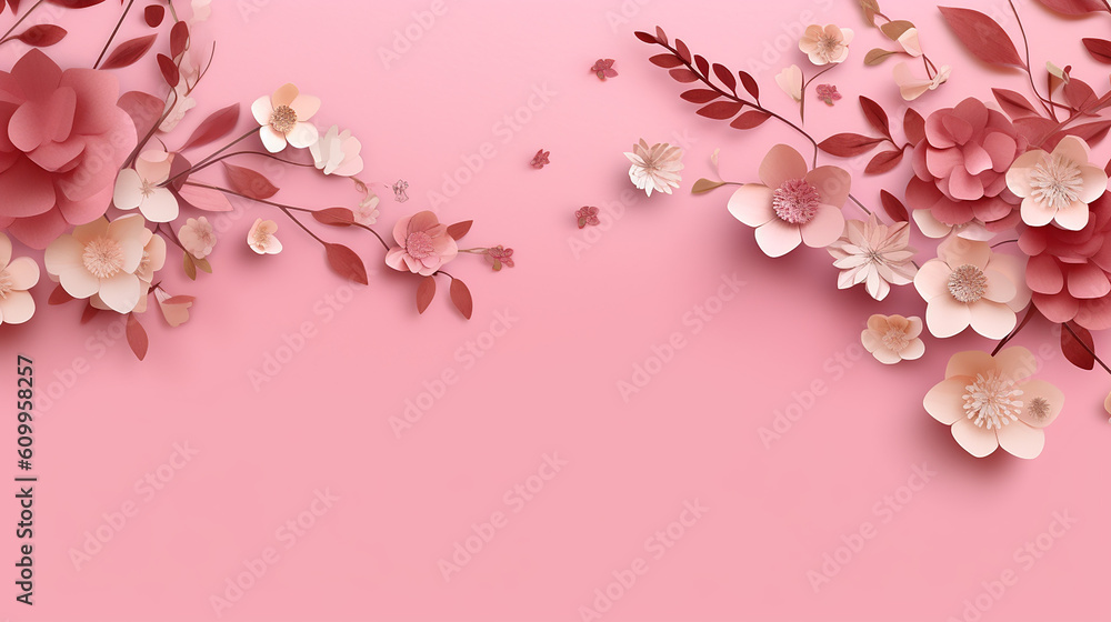 Pink and beige paper scattered flowers and leaves on pink background. generative AI