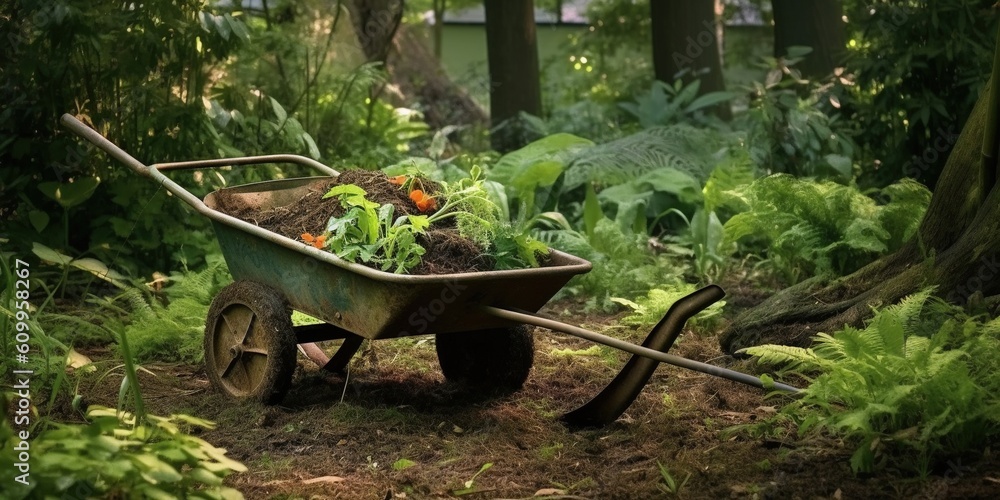 Wheelbarrow in the backyard, green lawn, shovel, uprooted weeds, garden work Wheelbarrow in the backyard, green lawn, shovel, uprooted weeds, garden work