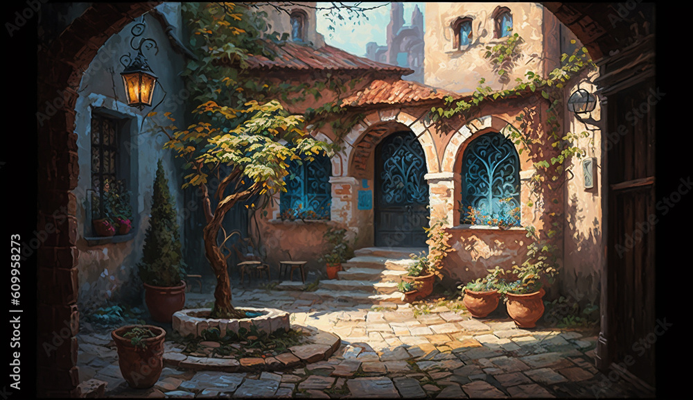 Village courtyard acrylic painting pictures AI Generated Art