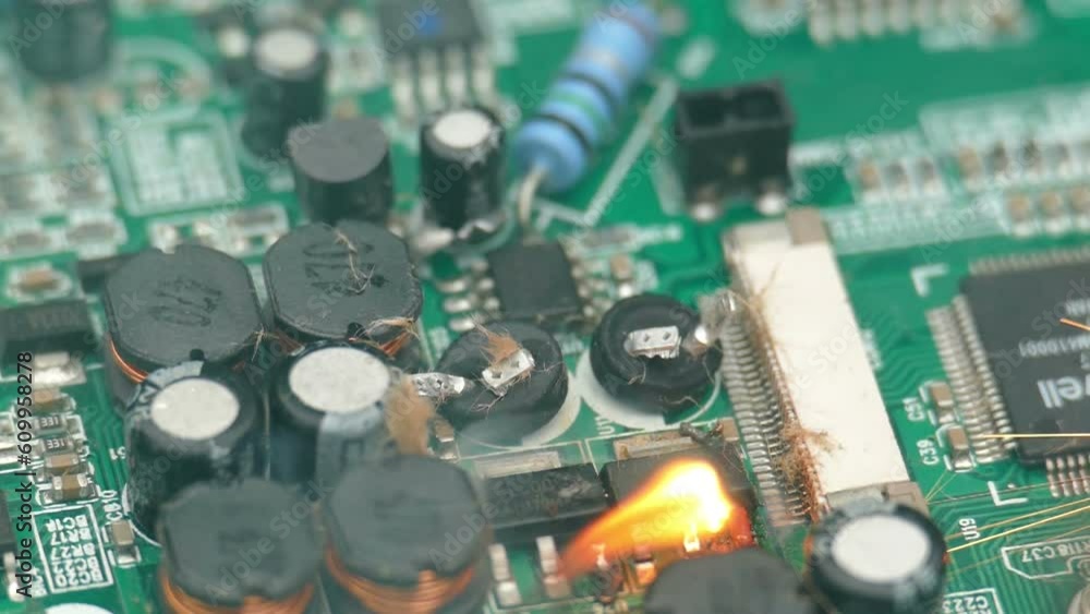 Crash of electronic components. The capacitor explodes. A component of