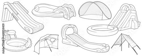 Cartoon set of doodle water inflatable slides, tents, pool.