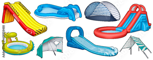 Cartoon set of doodle water inflatable slides, tents, pool.