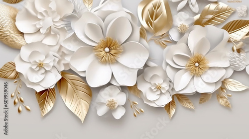 Luxury white gold flowers and leaves with paper texture. 