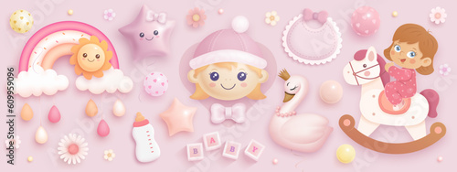 Baby girl shower set. Realistic vector illustration of cartoon baby girl, rainbow, sun, swan, bib, bottle, helium balloons and flowers isolated on background