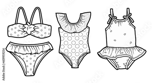 Cartoon set of doodle summer kids swimsuits.