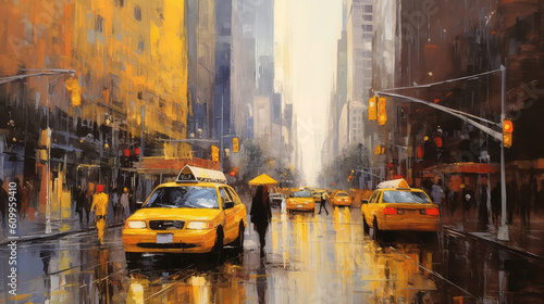 oil painting on canvas, street view of New York, woman under an yellow umbrella, yellow taxi, modern Artwork, American city, illustration New York (ai generated)