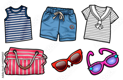 Cartoon set of doodle summer clothes and acessories.