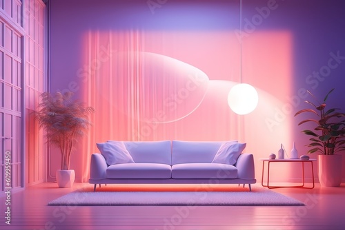 Modern living room with purple sofa. AI generated art illustration. 