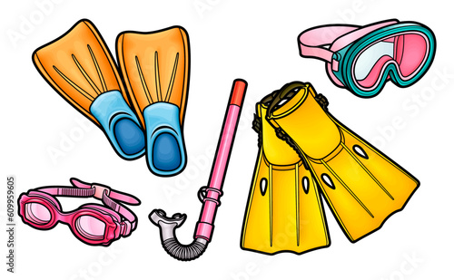 Cartoon set of cute doodle scuba diving equipment.