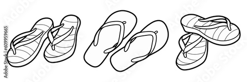 Cartoon set of doodle summer flip flops.