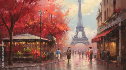 oil painting on canvas  street view of Paris. Artwork. eiffel tower . people under a red umbrella. Tree. France  ai generated 