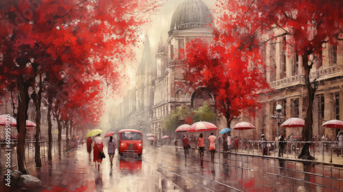oil painting on canvas european city. Hungary. street view of Budapest. Artwork. people under a red umbrella. Tree. Night and moon (ai generated)