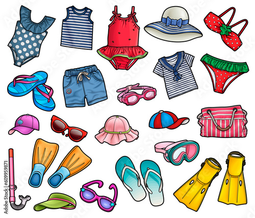 Cartoon set of doodle clothes, shoes, accessories.