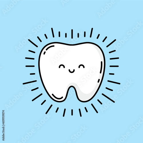 Healthy glowing tooth icon. Sparkling clean tooth sign. Cute cartoon kawaii smiling funny face character. White healthy tooth icon on blue circle background. Vector illustration.