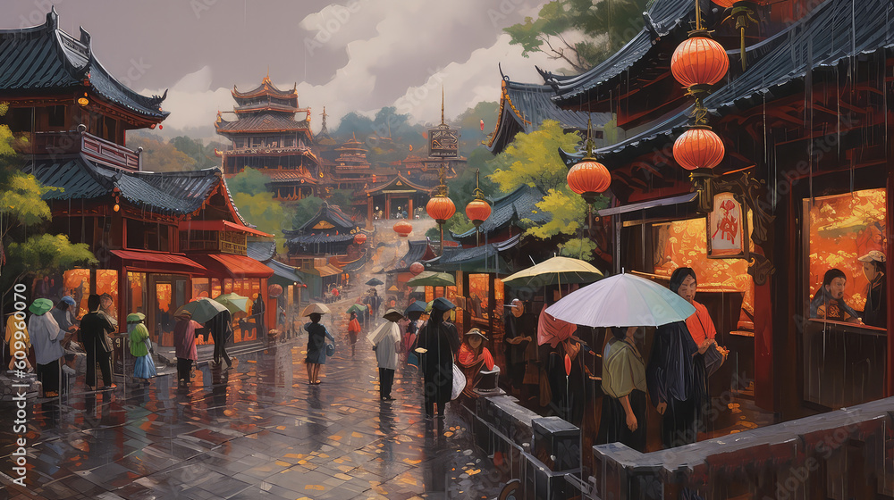 China in a rainy weather. Original oil painting on canvas. (ai generated)