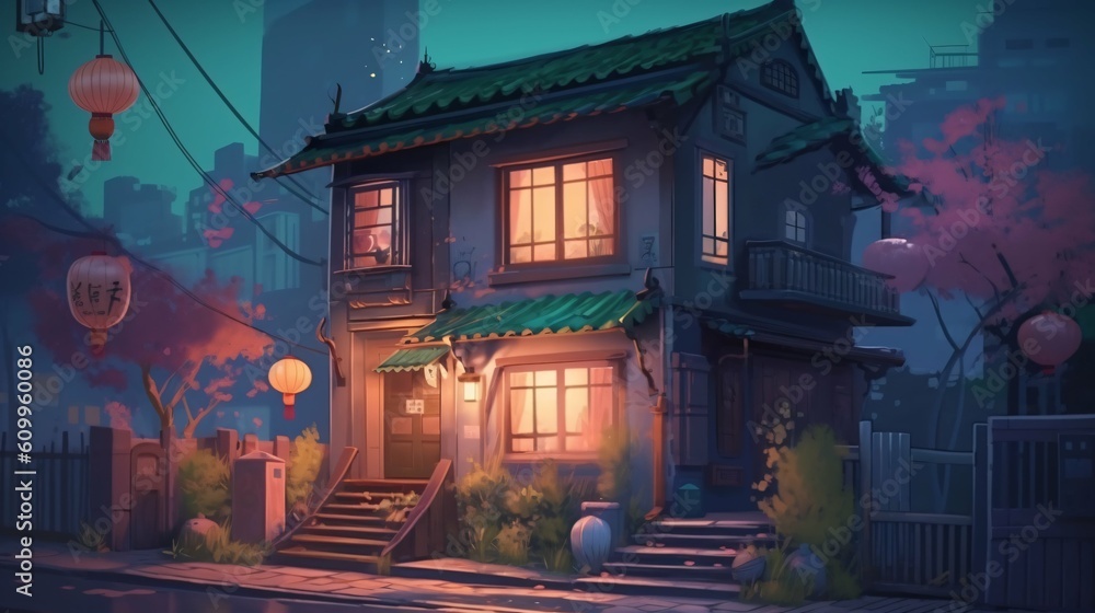 LOFI house on the streets, anime manga style illustration, background wallpaper LOFI house on the streets, anime manga style illustration, background wallpaper