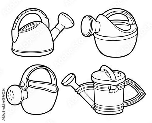 Cartoon set of cute doodle watering cans toys.
