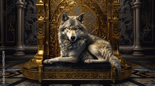 a wolf sitting on a decorative design, in the style of hyper-realistic sci-fi, dark white and yellow, medieval-inspired, Generative AI