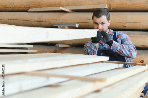 Timber harvesting for construction. Carpenter stacks boards. Industrial background. Authentic workflow.